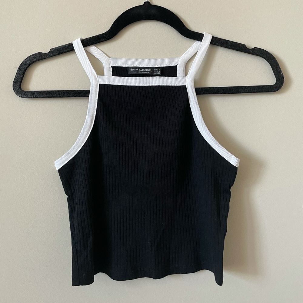 Black with White Detail Cropped Bershka Tank